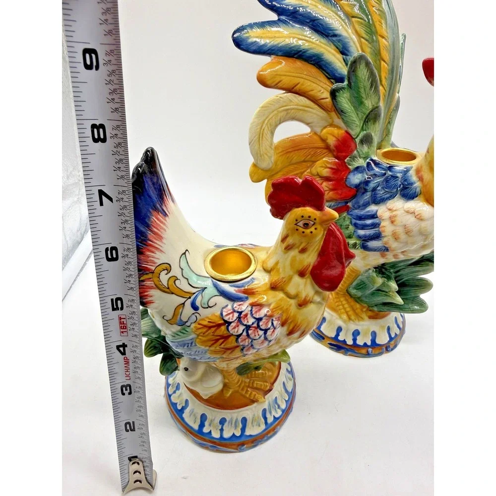 Fitz And Floyd Candle Holders Multicolor Rooster Hen Ricamo 2-Piece Hand Painted